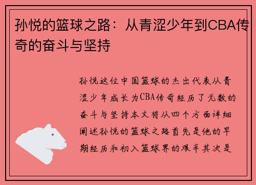 孙悦的篮球之路：从青涩少年到CBA传奇的奋斗与坚持